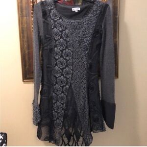 Adore Bohemian mixed lace crochet & knit long bell sleeve asymmetrical sweater